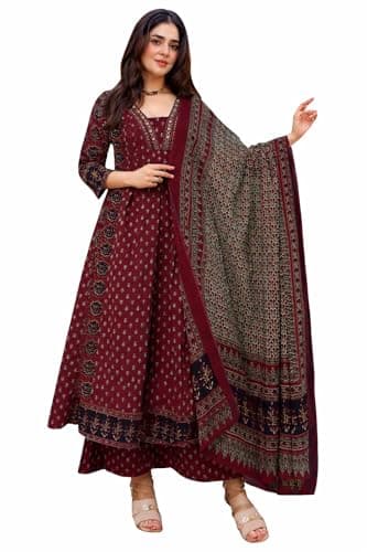 Women’s Viscose Rayon Dress with Dupatta | Soft Ethnic Style Kurta Dress for Casual & Festive Wear (US, Alpha, XX-Large, Regular, Regular, Maroon)