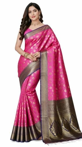 AD CREATION Women's Kanjivaram Soft Silk Saree With Unstitched Blouse Piece (Pink and blue)