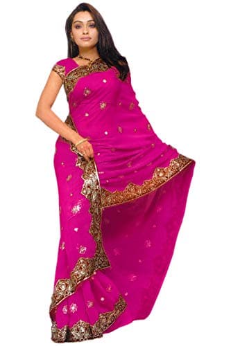 Indian Trendy Women's Bollywood Sequin Embroidered Sari Festival Saree Unstitched Blouse Piece Costume Boho Party Wear (Magenta)
