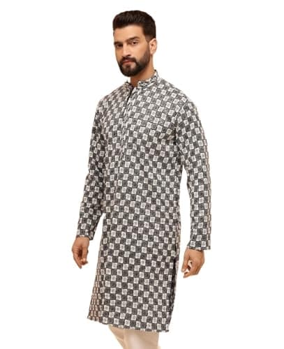 Sojanya (Since 1958 Men'S Cotton Rayon Embroidered Sequinned Black Only Long Kurta
