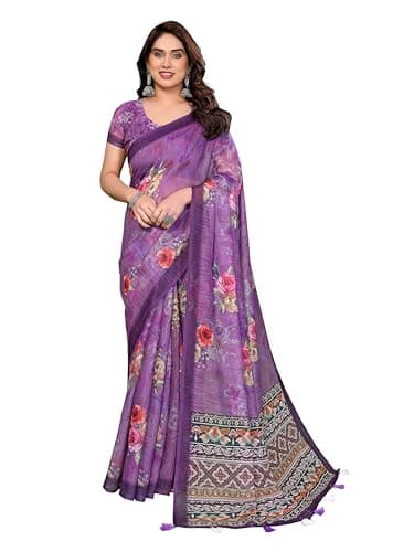 EVERYDAY CREATIONS Women’s Floral Printed Linen Saree with Designer Border | Lightweight Breathable Ethnic Indian Saree Soft Linen Fabric (Purple)