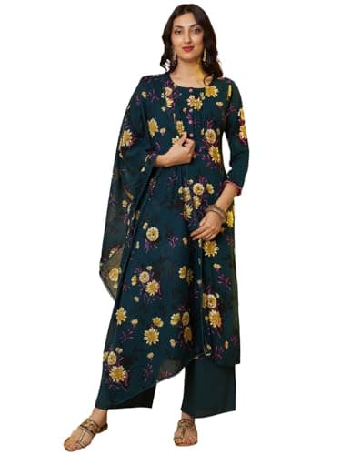 Tissu Women's Rayon Navy Floral Printed Kurta & Palazzo With Cotton Dupatta (Tis-683_Dark Green_XL)