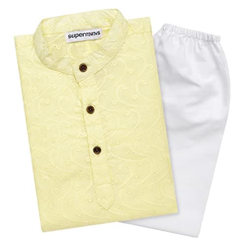 Superminis Baby Boys Ethnic Wear Colored Cotton Chikankari Kurta, Round Collar, Full Sleeves With White Pyjama (Lemon, 12-18 Months)