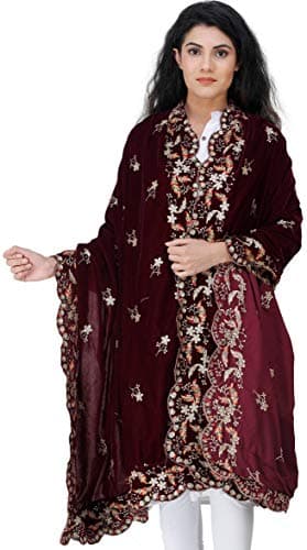 Exotic India Amritsar Velvet Dupatta with Embroidered Flowers and Sequins Ethnic Design Stole, Chunni For Women's