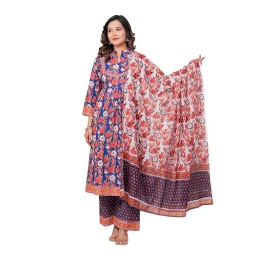 Anarkali Kurta Set with Mulmul Dupatta for Women Cotton Hand Block Print Ethnic Kurti & Palazzo Set (X-Large)