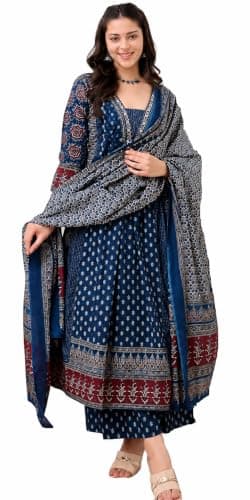 ZYNAIRA NOVA Women’s Pure Cotton Indian Anarkali Kurti Pant Dupatta Set | Ethnic Printed Flared Festive Kurti | Traditional Indian Dress Blue_XXL