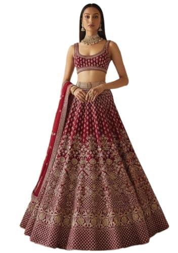 Indya Women's Maroon Silk Blended Embroidered Lehenga Set, Sleeveless, Scoop Neck