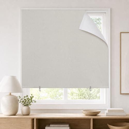 JILRON 100% Blackout Roller Shades,No-Drill Adhesive Blackout Curtains,Blinds for Indoor Windows(35" W x 48" H, Light Beige)