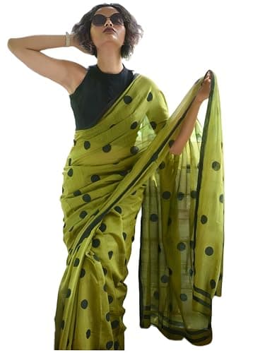 Sidhidata Women's Polka Dot Printed Linen Cotton Saree With Unstitched Blouse Piece (Laddu_Free Size)