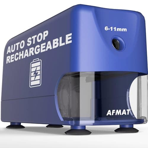 AFMAT Electric Pencil Sharpener, Cordless & Rechargeable, Heavy Duty Classroom Pencil Sharpeners for 6-11mm Pencils, Auto Stop, 2s Fast Sharpening, Battery Powered, 10,000 Sharpenings, Blue, PSD3