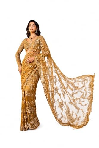 RETRO RETREAT COIN Women's Net Sequin Embroidery Sequence Saree Work With Unstitched Blouse Piece (Light Brown(Khaki))