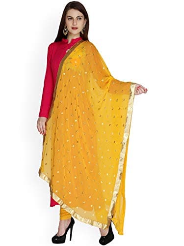 themilestocks Woman's Embroidered Chiffon Dupatta Scarf Shawl Wrap Soft Indian Bridal Wedding (Yellow)