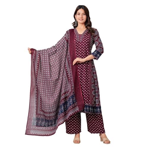 Anarkali Kurta Set for Women Rayon Printed Anarkali Kurti Pant Dupatta Set 3/4 Sleeve Maroon Festive Wear(X-Large)
