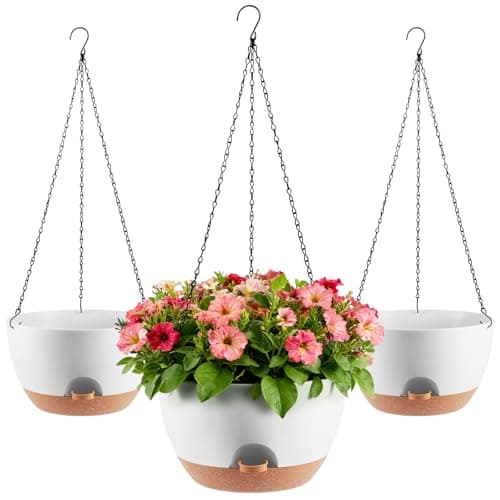 WUCEIAUU 3-Piece Set of 10-Inch Hanging Planters with Automatic Watering System and Drip Tray, Includes Metal Chain, Suitable for Various Indoor and Outdoor Plants and Flowers, White-Brown