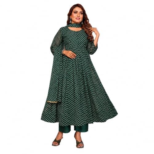 7 HORSE Women Green Weightless Anarkali Kurta Set with Dupatta & Pants | Long Flared Striped Ethnic Dress | 3-Piece Ready to Wear Indian Suit (XXL)
