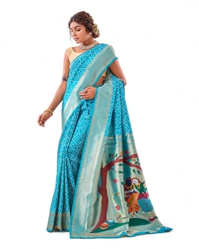 HIRNIL Traditional Pure Silk Bandhani Saree with Rich Paithani Pallu and Zari Border Saree with Unstitched Blouse piece (Light Blue)