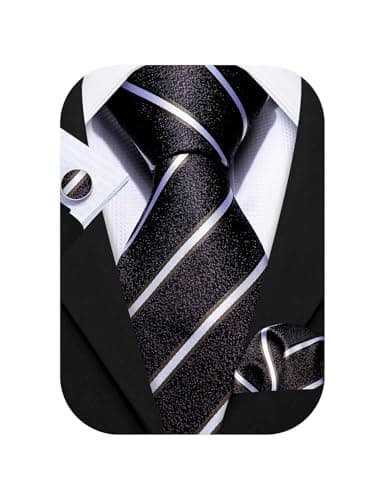 Barry.Wang Black White Stripe Men Ties Set Classic WOVEN Necktie Solid with Handkerchief Cufflinks Formal