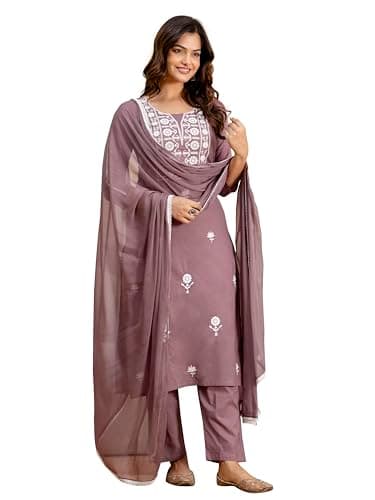 TRENDMALLS Women's Cambric Cotton Embroidery Kurta Pant with Dupatta Set (G367-DarkPeach-3XL)