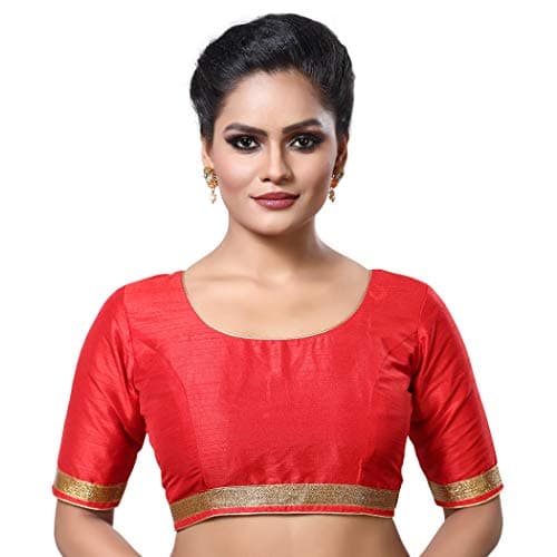 Madhu Fashion Womens Raw Silk Elbow Length Sleeves Readymade Saree Blouse (40, RED)