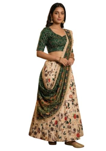 Indya Green Floral Print Satin Lehenga Set for Festive | XL Size | Half Sleeve | Ethnic Wear | Sweetheart Neck