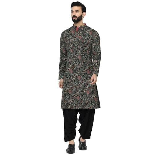 KISAH Men's Kurta Patiyala Set – Printed Cotton Blend Ethnic Wear with Mandarin Collar – Traditional Outfit for Indian Weddings, Diwali, Eid & Celebrations, Black, 40