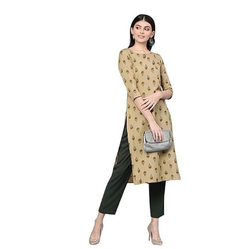Vastra Verse Women’s Floral Print Cotton Straight Kurti | 3/4 Sleeve | Knee Length | Round Neck (US, Alpha, X-Large, Regular, Regular)