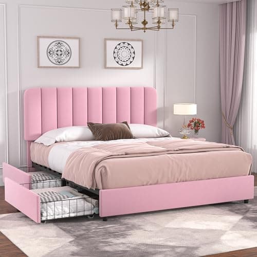 VECELO Queen Size Upholstered ...ort, No Box Spring Needed,Pink