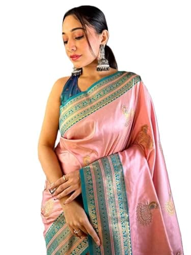 Women’s Kanjivaram Style Soft Silk Saree with Traditional Zari Woven Border and Paisley Motifs – Elegant Indian Saree for Wedding Party & Festive Wear – Baby Pink