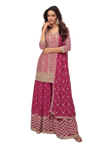 Indya Pink Embroidered Silk Blended Sharara Set – Embroidered for Wedding | 3/4 Sleeve | V-Neck | Indian Ethnic Wear