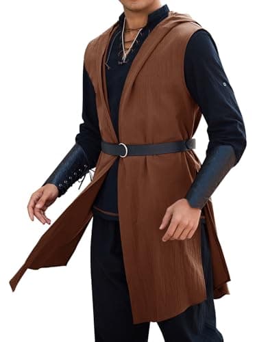 Runcati Mens Renaissance Costume Hooded Surcoat Medieval Knight Sleeveless Tunic Tops Tabard Viking Halloween Cloak
