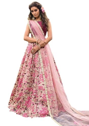 Indya Pink Embroidered Net Lehenga Set for Wedding Lehengas | S Size | Sleeveless | Ethnic Wear | Sweetheart Neck