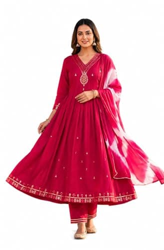 Women’s Anarkali Kurta Set with Dupatta | Embroidered Ethnic Gown Style Kurti with Pant for Festive & Party Wear (US, Alpha, X-Large, Regular, Regular, Red)