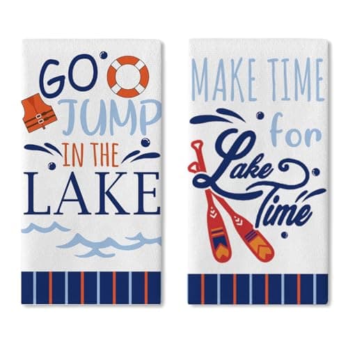 Croar Go Jump in The Lake Kitchen Dish Towels Set of 2, Paddle Life Buoys Jacket Drying Hand Towel Baking Cooking Cloth Lake House Gift, Lakeside Deck Patio Bathroom Home Decoration 18'' x 26''