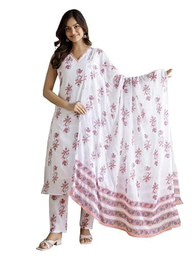 TRENDMALLS Women's Pure Cotton Floral Printed Kurta Pant with Dupatta Set (G428-White-XL)