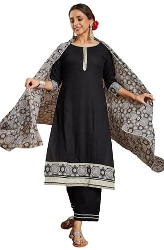 Janasya Indian Women's Rayon Black Ajrakh Print Festive Wear Kurta Set for Women