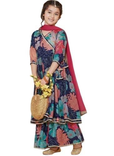 OQQTOO Girls Indian Ethnic Wear Salwar Kameez For Kids|Girls Punjabi Suit|Kids Kurta Sharara Set For Girls|Indian Dress. (blue, 8-9 years)