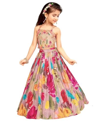 Frusha Heavy Chinon Silk Lehenga Choli Set, Kids Sleeveless Lehenga Choli With Soft Printed Work (Multi, 10-11 Years)