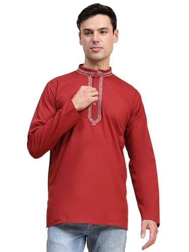 SKAVIJ Mens Cotton Henley Shirts Casual Band Collar Kurta Long Sleeve Embroidered T-Shirt (X-Large, Red)