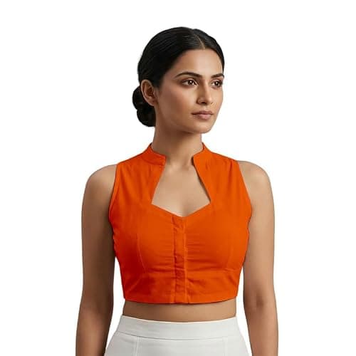 ANANYA FASHION & CRAFTS HUB Women's Cotton Readymade Saree Blouse Mandarin Collar Neck Sleeveless Choli Front Hook & Eye Padded Orange