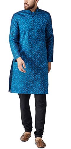 Sojanya (Since 1958 Men'S Blue Jackquard Silk Only Long Kurta, Size 38
