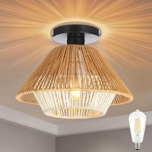 11.8" Boho Rattan Ceiling Light Fixture, Rattan Flush Mount Ceiling Light, Wicker Light, Hand Woven Bohemian Ceiling Light Fixture for Bedroom Living Room Kitchen Hallway Nursery, Bulb Included