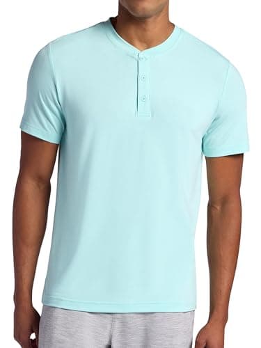 Gaiam Men’s Bliss Balance Short Sleeve Henley Top, Pastel Turq, Medium