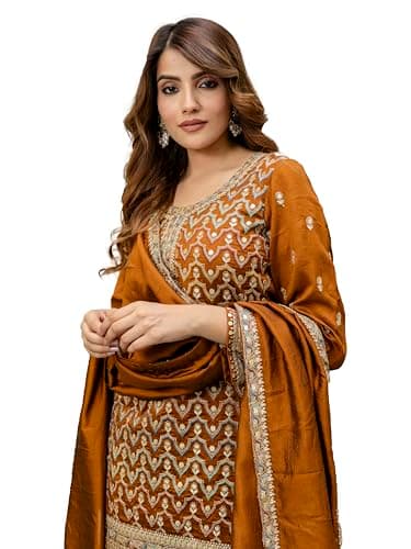 TRENDMALLS Women's Art Silk Sequins Embroidery Kurta Palazzo Set with Dupatta for Women (G305-Mustard-S)