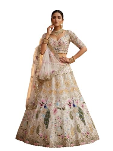 indian ready to wear lehenga choli for women flared party night with stitched blouse. (off white, 46)