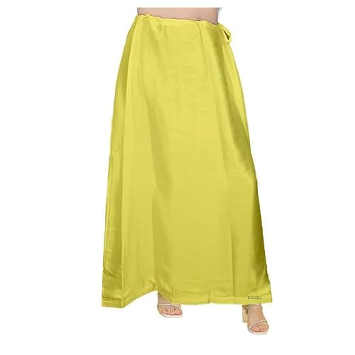 EDZZEL Women's Satin Silk Full Petticoat Saree Underskirt Inskirt Adjustable Drawstring Waist Solid Color (Lemon Yellow)