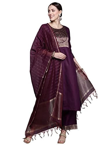 INDO ERA Indian Women's Magenta Cotton Blend Yoke Design Calf Length Straight Kurta Palazzo With Dupatta Set