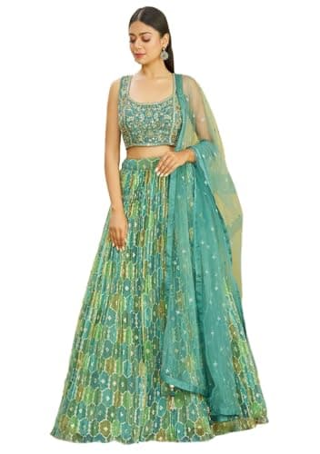 Indya Women's Green Organza Embroidered Lehenga Set with Half Sleeve U-Neck Choli and Dupatta