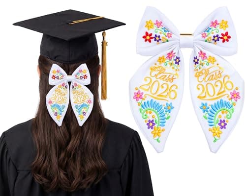 Crowye Graduation Bows 8.8 Inch Large Graduation Hair Accessories Mexican Embroidery Class of 2026 Hair Clip with Pin for Cap Decoration(White)