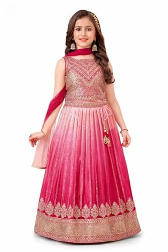 disson Girls Embroidered Lehenga Choli with Dupatta, Sleeveless Anarkali Gown, Pink Blue Orange, Indian Ethnic Wear (US, Age, 6 Years, 8 Years, Pink)
