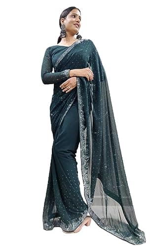 STELLACOUTURE Indian Georgette saree with diamond work for Women Sari with UNSTITCHED blouse ST-014 (Grey)